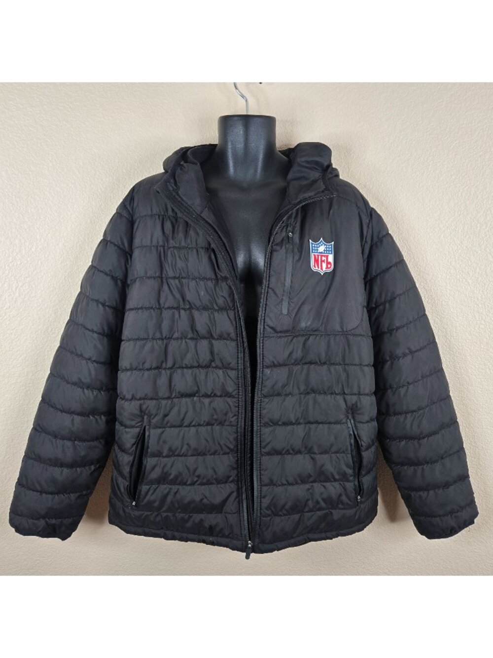 NFL Team Apparel Puffer Jacket Black XL With Hood Full Zip Insulated Mens Coat